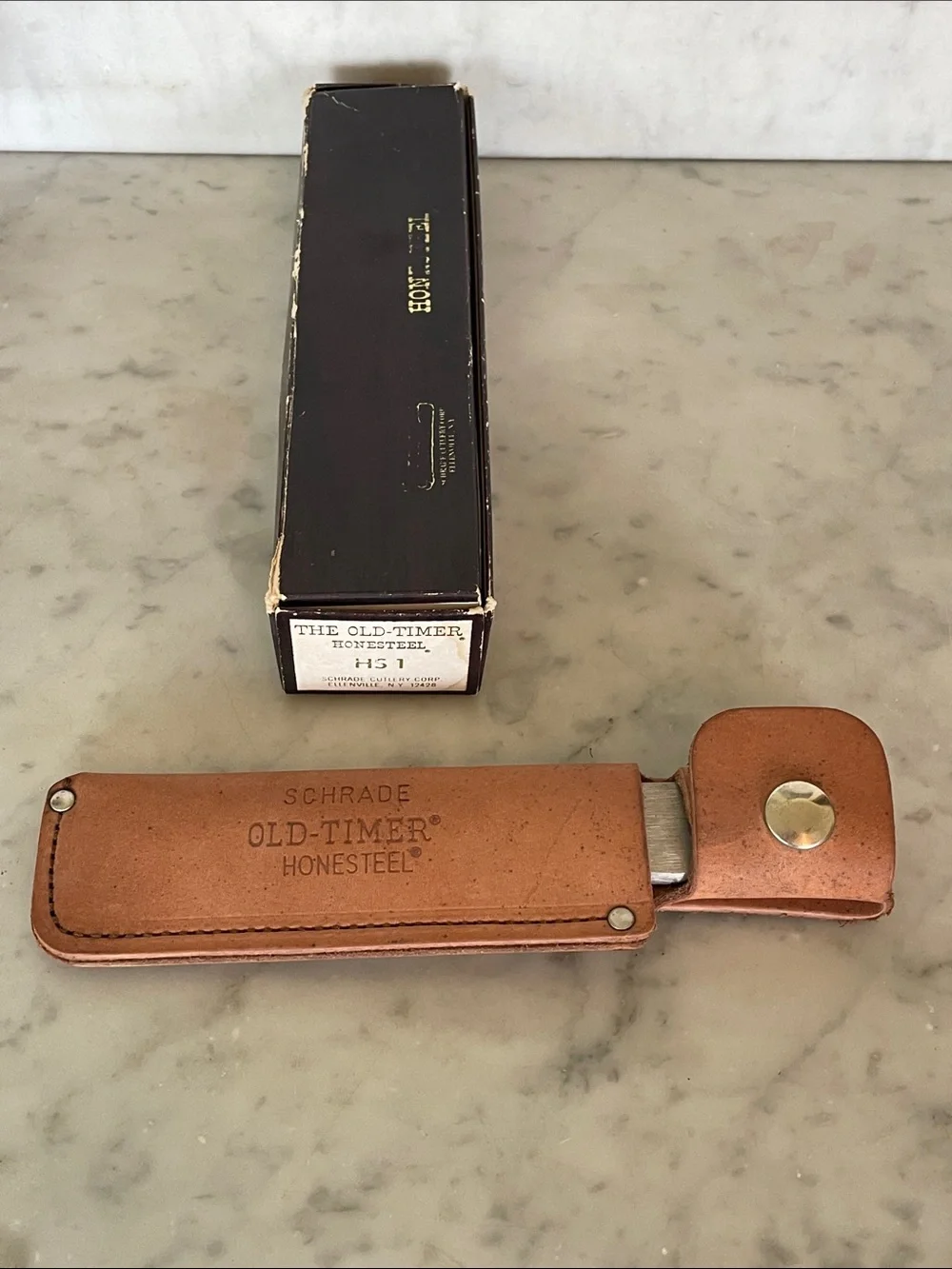SCHRADE The Old-Timer Silver Honesteel Sharpener & Brown Leather Sheath IOB